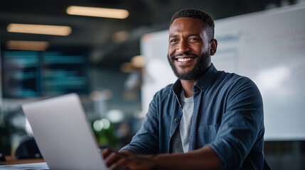 A smiling African American IT expert codes machine learning algorithms in a startup office reviewing code on a laptop a whiteboard with bug fixes AI code review startup tech