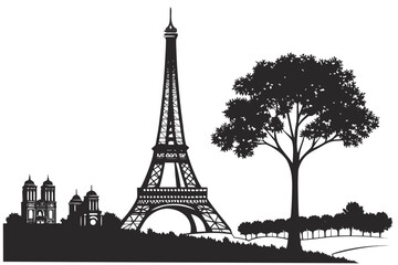 Obraz premium Parisian skyline silhouette with eiffel tower and trees