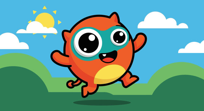 Cheerful cartoon character with big eyes and a superhero mask running happily.