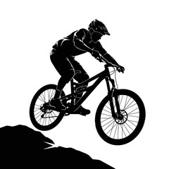 Naklejka premium Silhouette of a mountain biker in action, descending a steep, rocky slope with a full suspension bicycle.