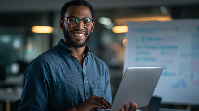 A smiling African American IT expert codes machine learning algorithms in a startup office reviewing code on a laptop a whiteboard with bug fixes AI code review startup tech