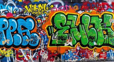 Fototapeta premium Colorful graffiti art on a wall with vibrant tags and bubble letters, creating a dynamic urban scene with layers of paint and artistic expression