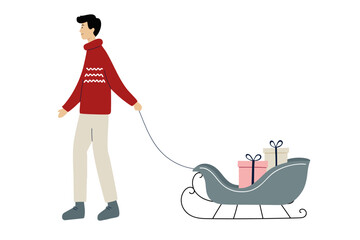Holiday season man. Character with sleigh full of presents. Flat modern winter design, festive illustration