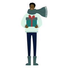 Happy darkskinned man with gift. Winter christmas character. Cozy minimal holiday illustration