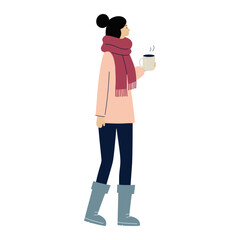 Winter cozy woman. Character in warm clothes with hot drink. Flat style minimal illustration for holiday season