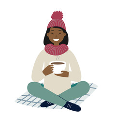 Happy girl with cup. Woman in cozy winter clothes sitting on warm blanket. Flat style, minimal holiday season illustration