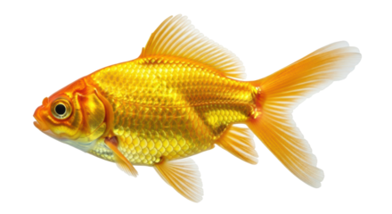 Isolated goldfish pet with golden scales swimming with fins out and tail spread out naturally