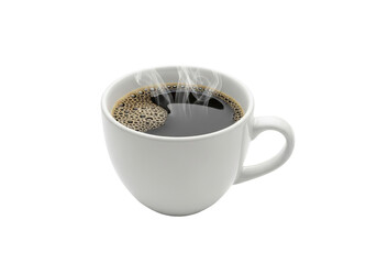 Hot brewed coffee in a white cup with steam rising, isolated on a clean background