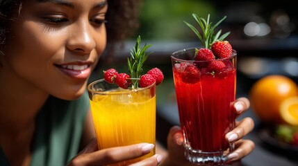 Couple's joyful expressions enjoying colorful fruit smoothies together in a sunny outdoor setting