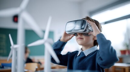 Curious child student in classroom learning about renewable energy and wind turbine technology. Young boy wearing VR headset for future focused interactive education experience