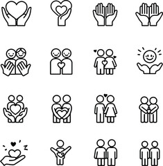 Fototapeta premium Collection of black and white line art icons depicting love care and relationships on a white background
