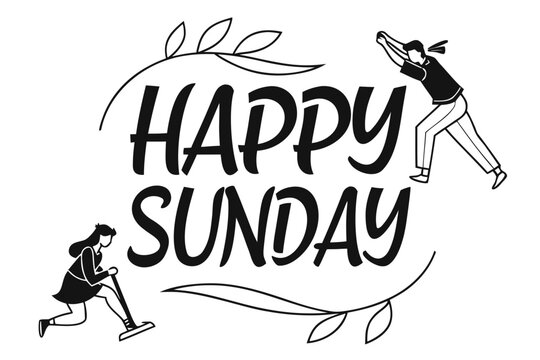 Happy sunday handwritten lettering with people doing activities