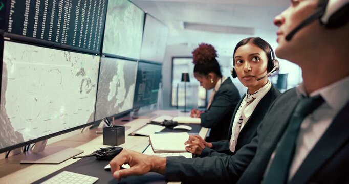 Airport, computer screen and pointing with people in weather pattern office to monitor satellite map. Climate, geology and meteorology group in control room for brainstorming or global warming