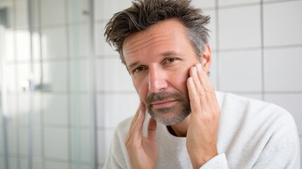 Tired and stressed middle aged man looking at his face and skin in bathroom mirror. This morning routine shows his concern about aging and personal well being