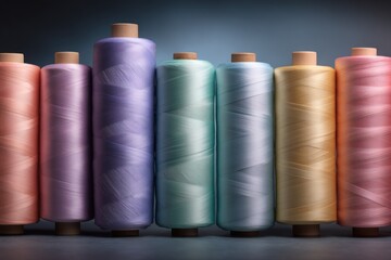 Colorful rolls of satin material are neatly arranged in a line, showing a variety of pastel shades. The soft light highlights the smooth texture and sheen of the fabric