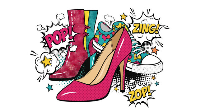 Dynamic shoe collection in vibrant pop art style with comic book design elements