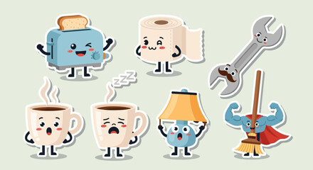 Cute cartoon characters of household items.