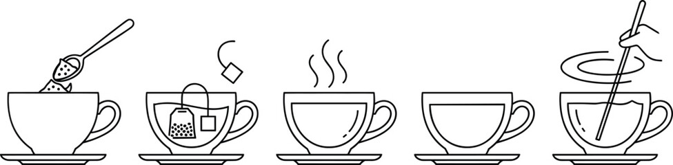Tea Making Process Vector Illustration, Step by Step Brewing Guide, Black Line Art, Simple Kitchen Instruction, Hot Drink Preparation Sequence