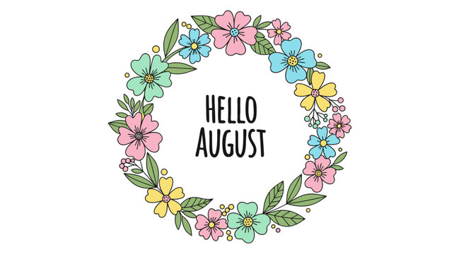 Floral August greeting design featuring vibrant blossoms and elegant typography in a circular