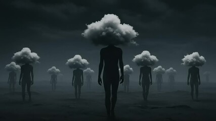 Surreal figures with cloud heads in dark landscape