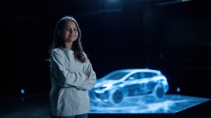 Confident young girl with arms crossed admires futuristic holographic car. Innovative technology showcases blue digital projection of sustainable electric vehicle concept