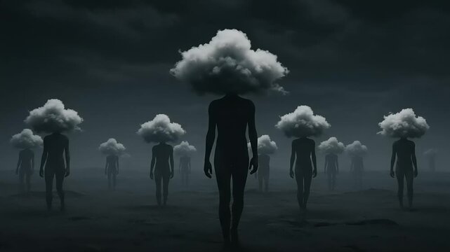 Surreal figures with cloud heads in dark landscape