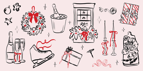 Whimsical chalk doodles of Christmas party. Quirky icons of breakfast and dinner meals in crayon style. Crayon drawing for menus and invitations. Celebration charcoal vector illustration