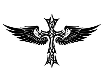 Modern Abstract Line Art of a Cross with Wings, Tribal Tattoo Style, Minimalist Contour Vector Illustration: Tribal Tattoo Cross with Wings