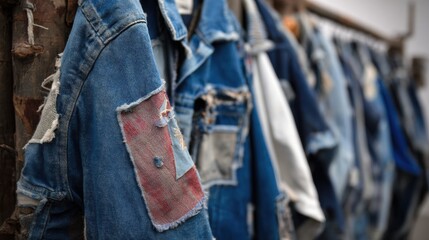 Rack of vintage denim jackets with repair patches. Sustainable and recycled fashion shows collection of blue second hand clothing hanging in row for nostalgic feel