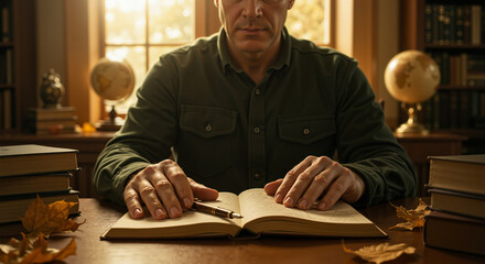 A focused academic reads a hardcover book at a vintage wooden desk in a classic library, perfect for content on education, lifelong learning, or historical research blogs.