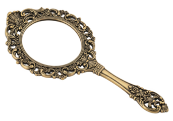 Ornate vintage hand mirror with intricate floral designs, reflecting light, placed on a neutral background