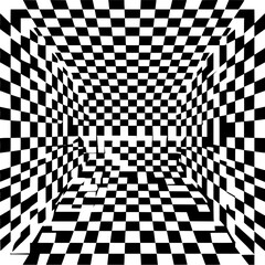 Illustration of a checkered pattern room creating an optical illusion with black and white squares design