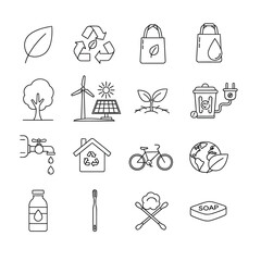 A collection of sixteen line icons representing concepts of sustainability, ecology, and environmentally friendly living, including recycling and renewable energy.