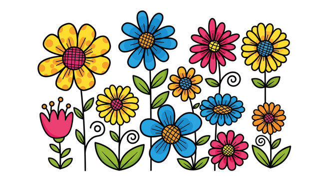 Vibrant floral assortment illustration with whimsical contours and vibrant contrasting hues