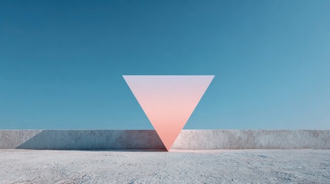 Abstract inverted triangle against a blue sky, creating a surreal and minimalist composition with a textured wall