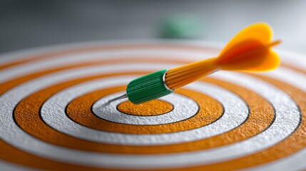 Close-up of dart hitting bullseye on orange and white target