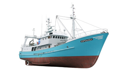 Isolated fishing trawler Esperanza, a sturdy sea vessel against a plain backdrop, ready for commerce
