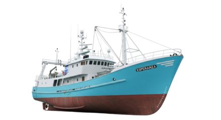 Isolated fishing trawler Esperanza, a sturdy sea vessel against a plain backdrop, ready for commerce