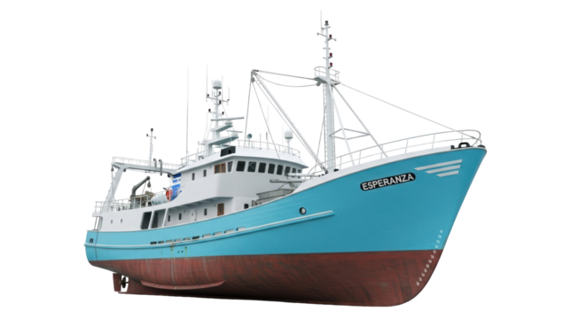 Isolated fishing trawler Esperanza, a sturdy sea vessel against a plain backdrop, ready for commerce