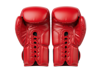 Pair of red boxing gloves positioned symmetrically on a clean background, ideal for sports promotions