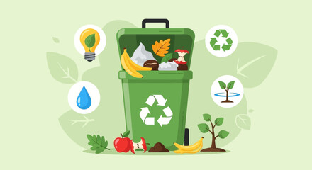 Green Recycling Bin with Organic Waste and Environmental Icons.