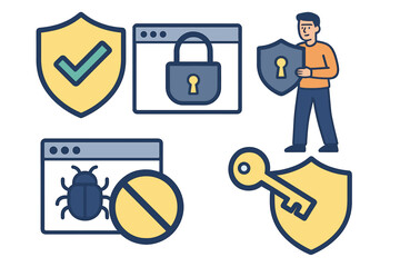 Cybersecurity icon set for internet safety and data protection. Vector illustrations of user with shield, antivirus, malware bug, secure browser, firewall, and access key.