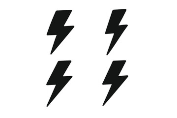Lightning bolt icon set. Black silhouette flash symbol. Thunder storm graphic element. Electric power energy sign. Danger voltage concept. Simple abstract thunderbolt shape vector.