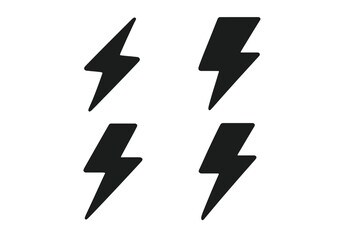 Lightning bolt icon set. Simple flash silhouette symbol. Thunder pictogram collection. Graphic design element for power, energy, electricity, danger, storm, voltage concept.