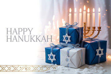 Joyful Hanukkah celebration with glowing menorah, festive blue and white gifts adorned with Stars of David, and sparkling lights creating a warm, magical atmosphere for holiday greetings