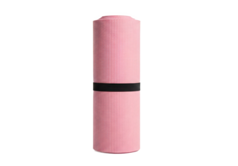 Pink yoga mat rolled up with a black strap, isolated on a white background, ideal for fitness enthusiasts