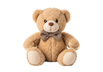 Obraz premium Plush teddy bear sitting upright with a bow tie, set against a plain background, ideal for children's decor
