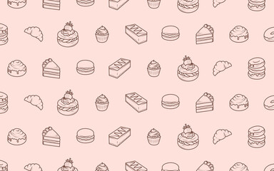 Background with hand-drawn baked goods and confectionery. Minimalist cakes, croissants, donuts, muffins, pretzels, cookies, sweets. Suitable for packaging sweets, café and pastry shop menus.