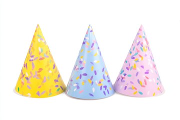 Colorful confetti party hats - yellow, blue, and pink festive decoration