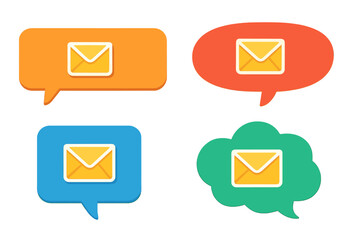 Colorful speech bubble banners with message envelope icons, flat style vector cartoon illustration set, communication symbols, chat bubbles, digital messaging design
